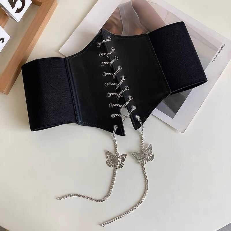 Dizaina metāla elastīgais vidukļa josta ar tauriņu, PU materiāls, INS stils, ar vienu cilpu, sievietēm, pieaugušām, visu sezonu nēsāšanai