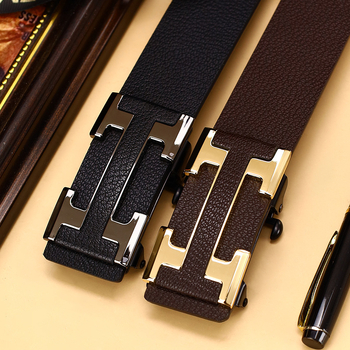 Мъжки кожен колан от естествена кожа с автоматична закопчалка, двуслоен, катарама от сплав, ширина 2–4 см