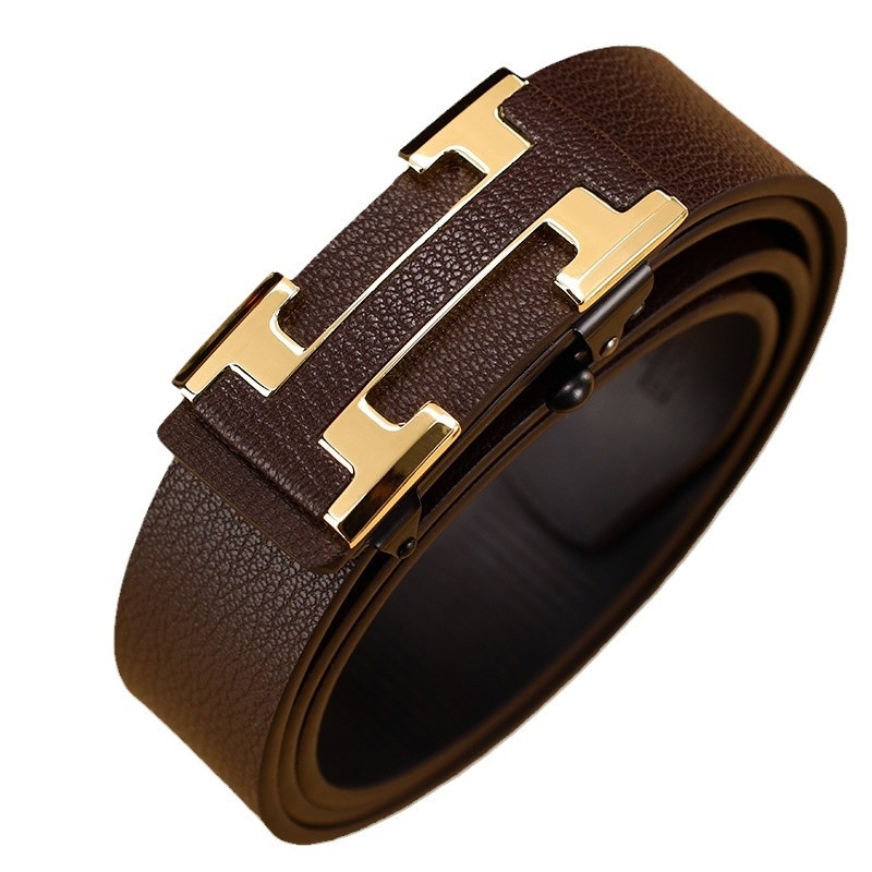 Мъжки кожен колан от естествена кожа с автоматична закопчалка, двуслоен, катарама от сплав, ширина 2–4 см