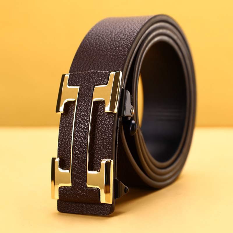 Мъжки кожен колан от естествена кожа с автоматична закопчалка, двуслоен, катарама от сплав, ширина 2–4 см