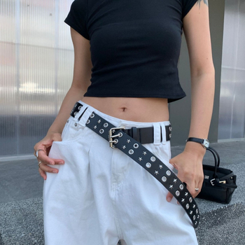 Женски колан – PU кожа, катарама от сплав, закопчаване с щифт, стил: ръчно рисуван уличен хип-хоп панк