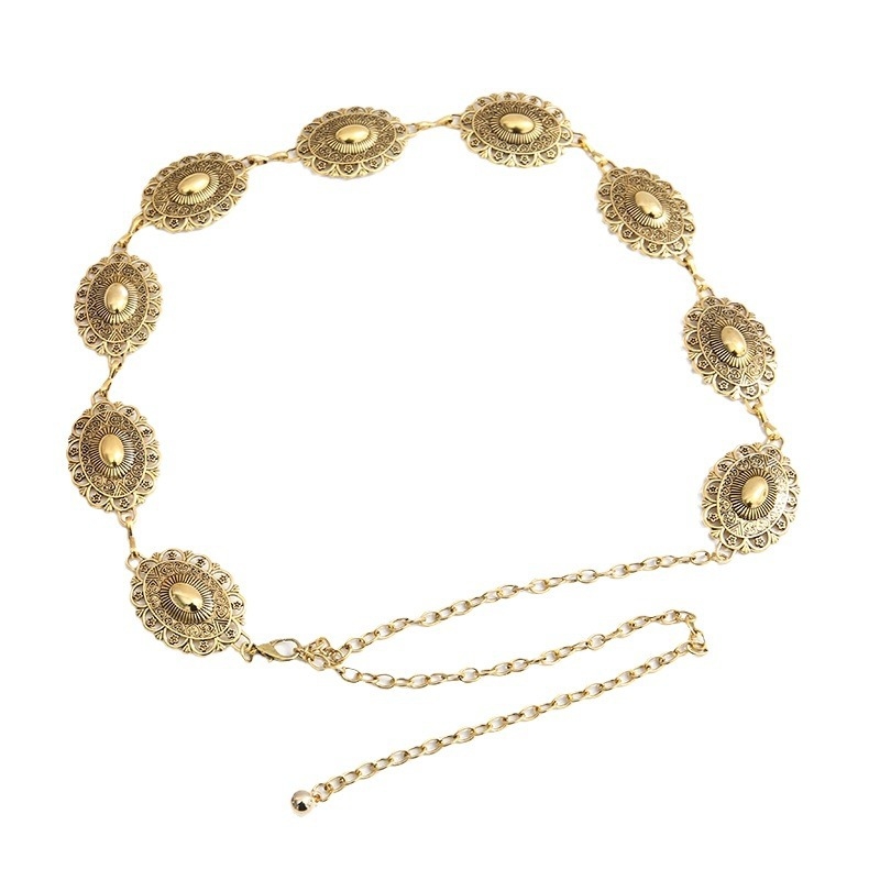 Fém deréklánc retro gravírozott mintával, etnikus stílus, egylapos kör (Anyag: fém; Stílus: univerzális; Derék kerülete: egylapos kör; Hossz: 60 cm alatt; Testreszabható)