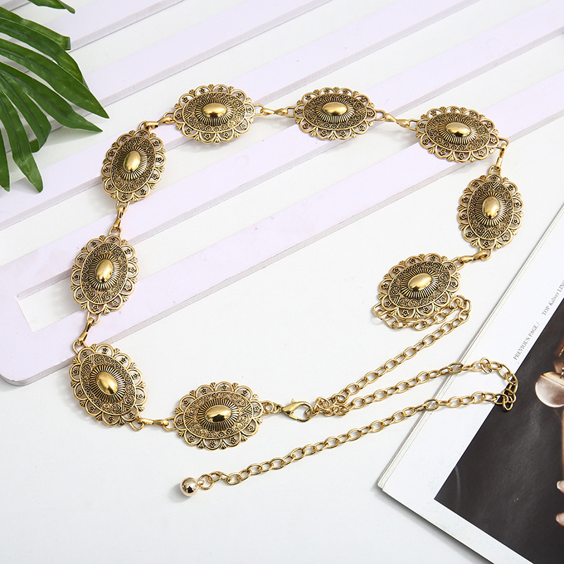 Fém deréklánc retro gravírozott mintával, etnikus stílus, egylapos kör (Anyag: fém; Stílus: univerzális; Derék kerülete: egylapos kör; Hossz: 60 cm alatt; Testreszabható)