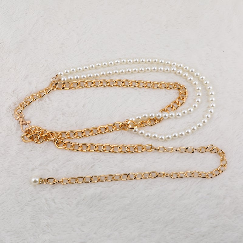 Колан за талия с перли, метална верига, многослойна перлена украса, дължина 110 см, ширина 1,2 см