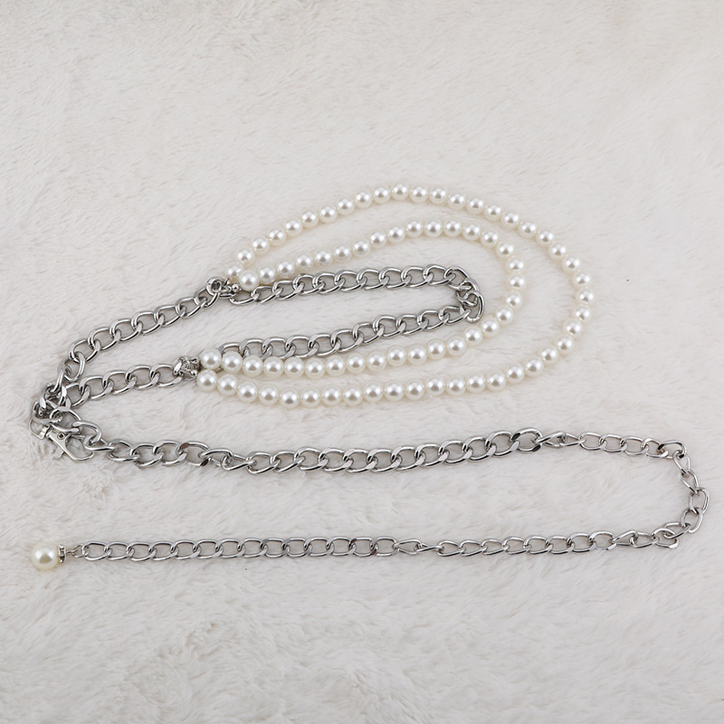 Колан за талия с перли, метална верига, многослойна перлена украса, дължина 110 см, ширина 1,2 см