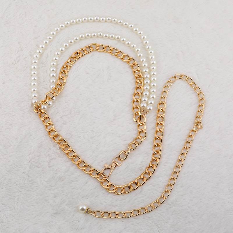 Колан за талия с перли, метална верига, многослойна перлена украса, дължина 110 см, ширина 1,2 см