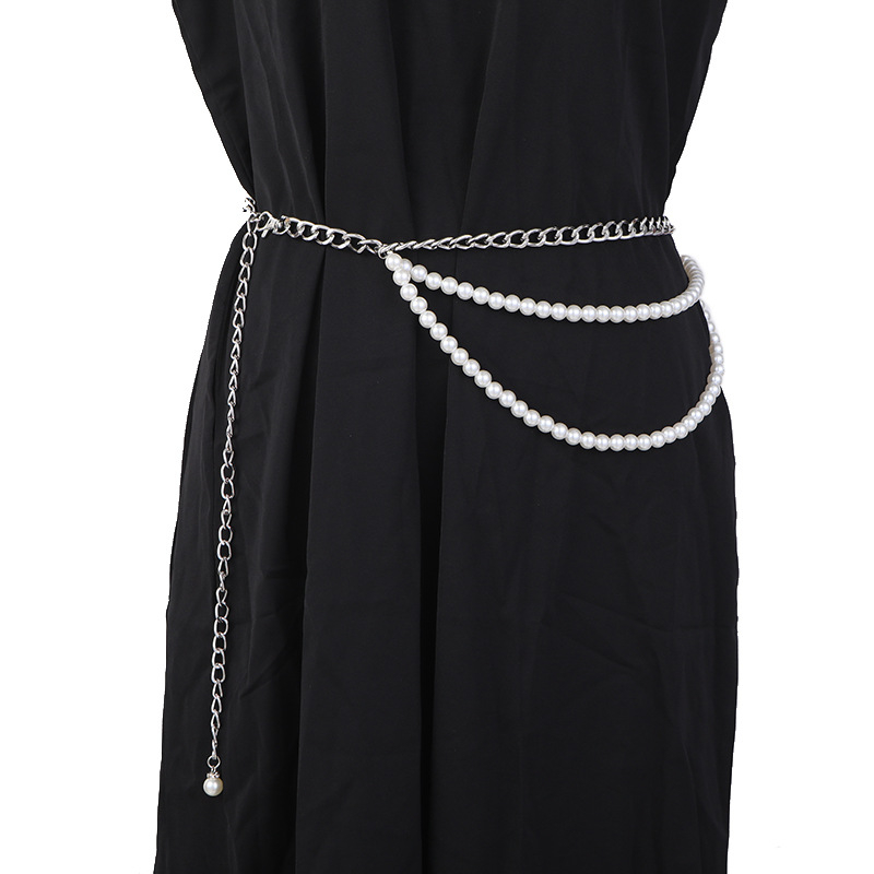 Колан за талия с перли, метална верига, многослойна перлена украса, дължина 110 см, ширина 1,2 см