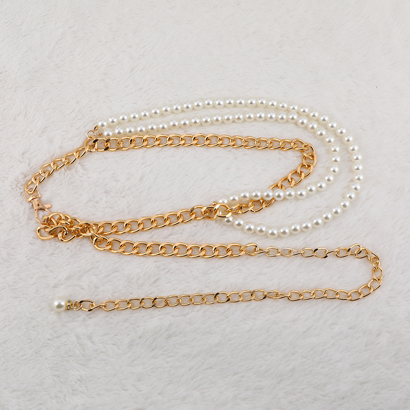 Колан за талия с перли, метална верига, многослойна перлена украса, дължина 110 см, ширина 1,2 см