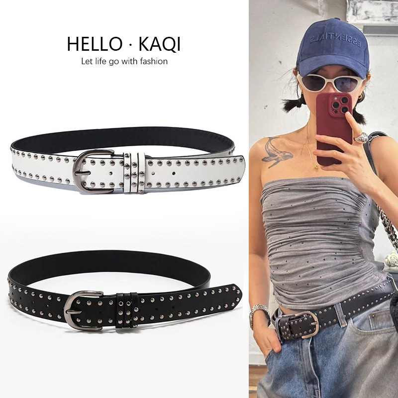 Punk remen s nitima, PU koža, aluminijska kopča s iglom, ukrašen perlicama, unisex stil