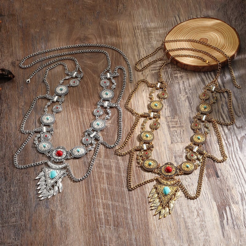 Lanac za struk s resicama, boemski etnički stil, metal, duljina 80–100 cm