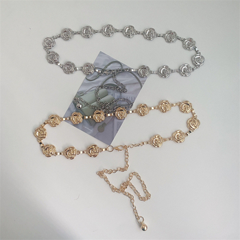 Metalni pojas za struk s ružnim cvjetnim detaljem, vintage stil, za haljine i hlače, duljina 60–80 cm, širina 2,5 cm
