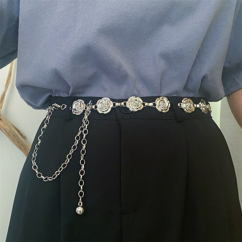 Metalni pojas za struk s ružnim cvjetnim detaljem, vintage stil, za haljine i hlače, duljina 60–80 cm, širina 2,5 cm