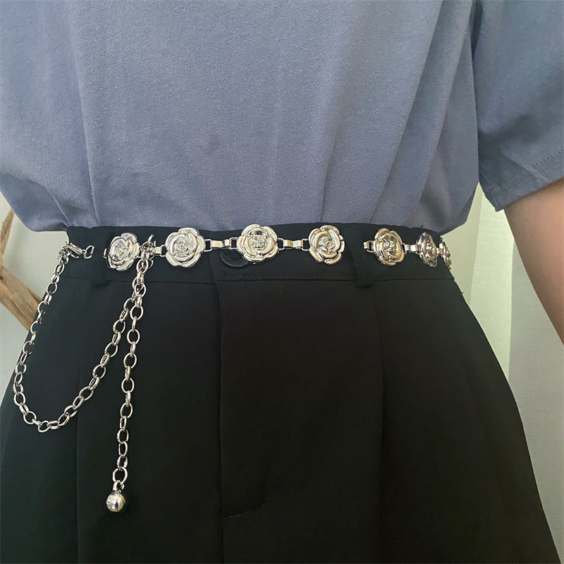 Metalni pojas za struk s ružnim cvjetnim detaljem, vintage stil, za haljine i hlače, duljina 60–80 cm, širina 2,5 cm