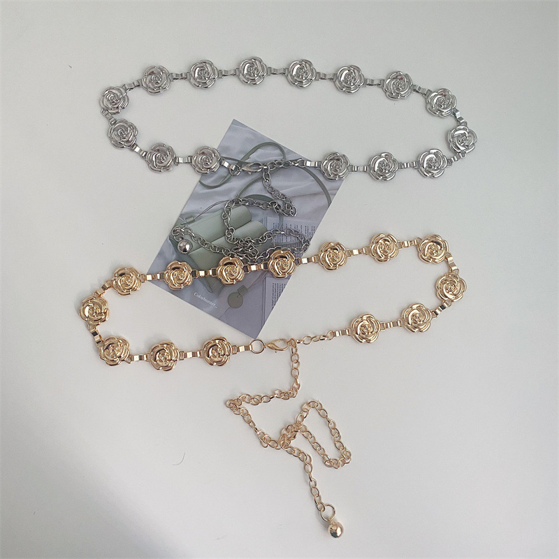 Metalni pojas za struk s ružnim cvjetnim detaljem, vintage stil, za haljine i hlače, duljina 60–80 cm, širina 2,5 cm