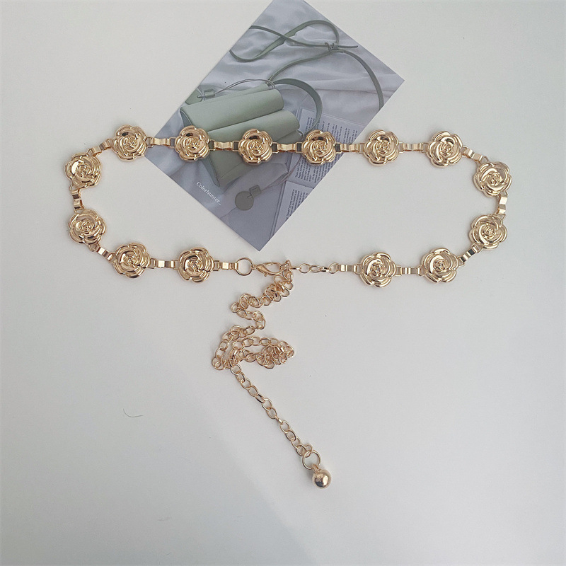 Metalni pojas za struk s ružnim cvjetnim detaljem, vintage stil, za haljine i hlače, duljina 60–80 cm, širina 2,5 cm