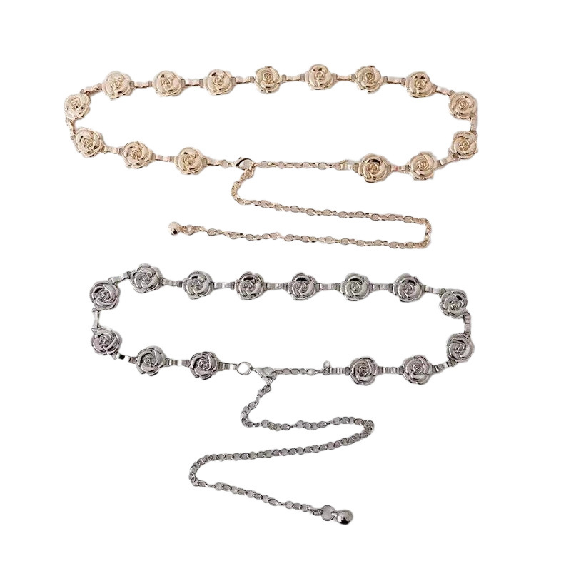 Metalni pojas za struk s ružnim cvjetnim detaljem, vintage stil, za haljine i hlače, duljina 60–80 cm, širina 2,5 cm