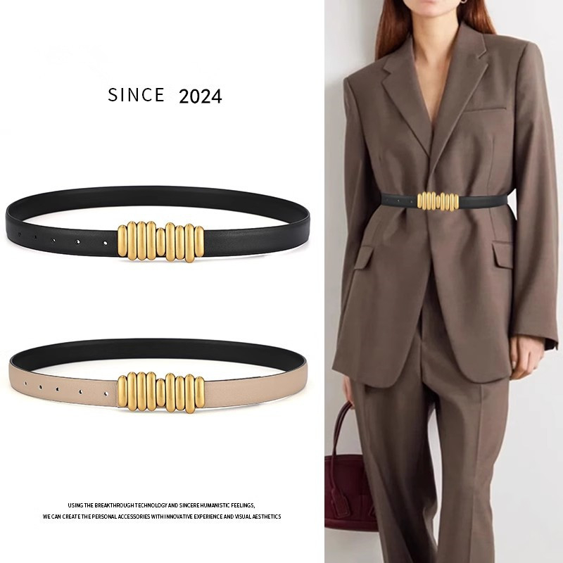 Дамски колан от естествена кожа - катарама от сплав, гладко закопчаване, ширина 2-4 см, многофункционален за бизнес и ежедневие