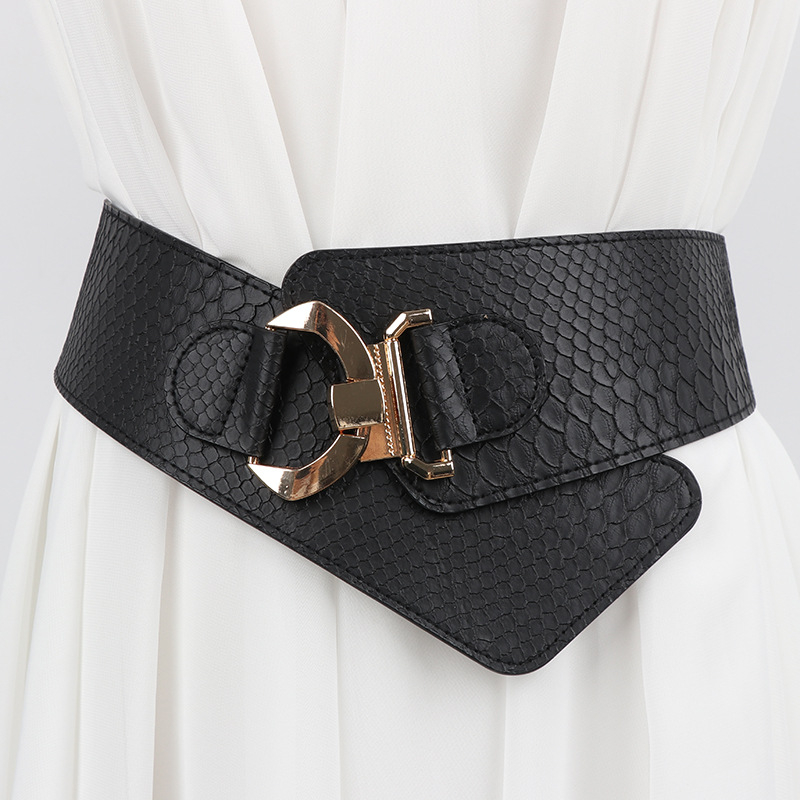 Женски широк еластичен колан в корейски стил, с двойна катарама и PU кожа, есен 2024