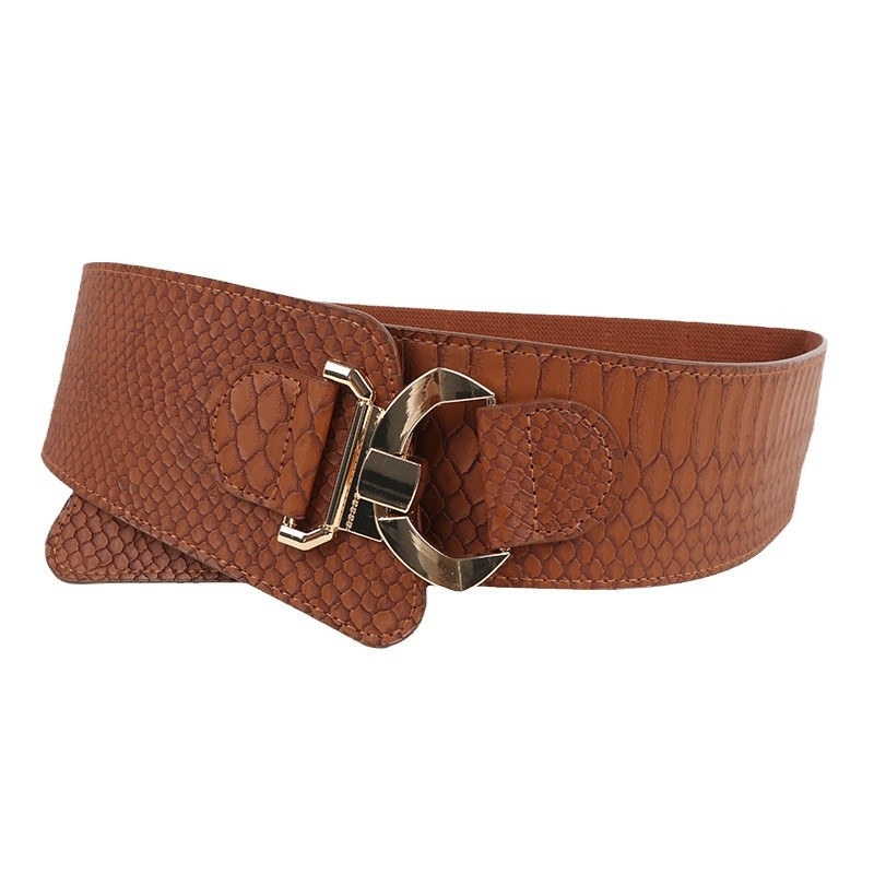 Женски широк еластичен колан в корейски стил, с двойна катарама и PU кожа, есен 2024