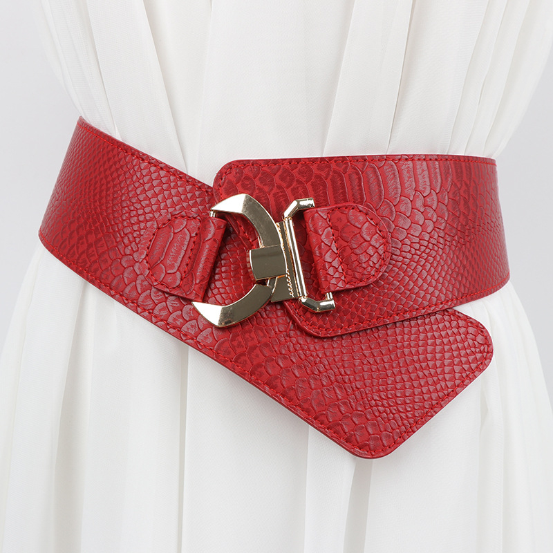 Женски широк еластичен колан в корейски стил, с двойна катарама и PU кожа, есен 2024