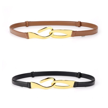 Женски колан от естествена кожа с кука за закопчаване, регулиран дизайн без дупки, обков от сплав