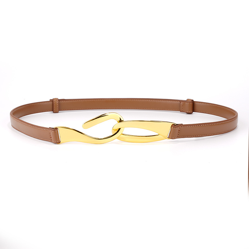 Женски колан от естествена кожа с кука за закопчаване, регулиран дизайн без дупки, обков от сплав