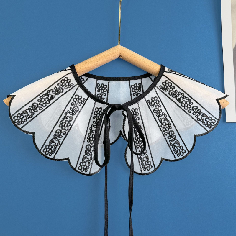Ovratnik s cvijetom i leptir mašnicom, izšivka na organzi, geometrijski uzorak, podstava od organza šifona, korejski stil