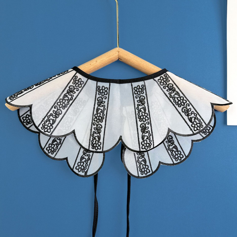 Ovratnik s cvijetom i leptir mašnicom, izšivka na organzi, geometrijski uzorak, podstava od organza šifona, korejski stil