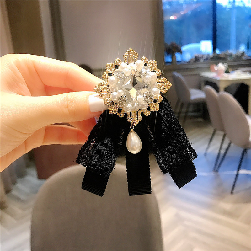 Яка с цвете - лък от дантела, монохромен дизайн, корейски стил, плоска глава, за дами