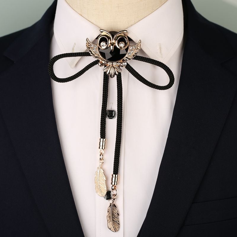 Bolo kravata s ozdobou sovy s rhinestones, zliatina, monochromatický vzor, unisex, ľahký luxus