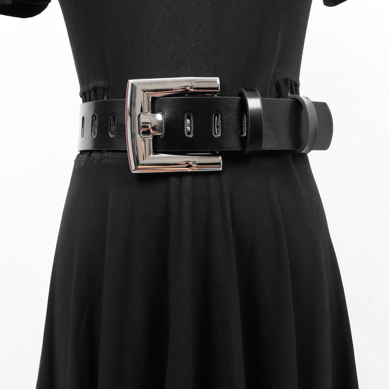 Женски широк кожен колан с квадратна пряжка, телешка кожа; пряжка от цинкова сплав; закопчаване: щифт; есен 2025; тежка индустрия