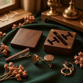 Medinių rankogalių segtukų ir kaklaraiščių klipo komplektas dėžutėje, natūralus stilius, unisex, geometrinis dizainas, elektroplatinavimas, kristalas