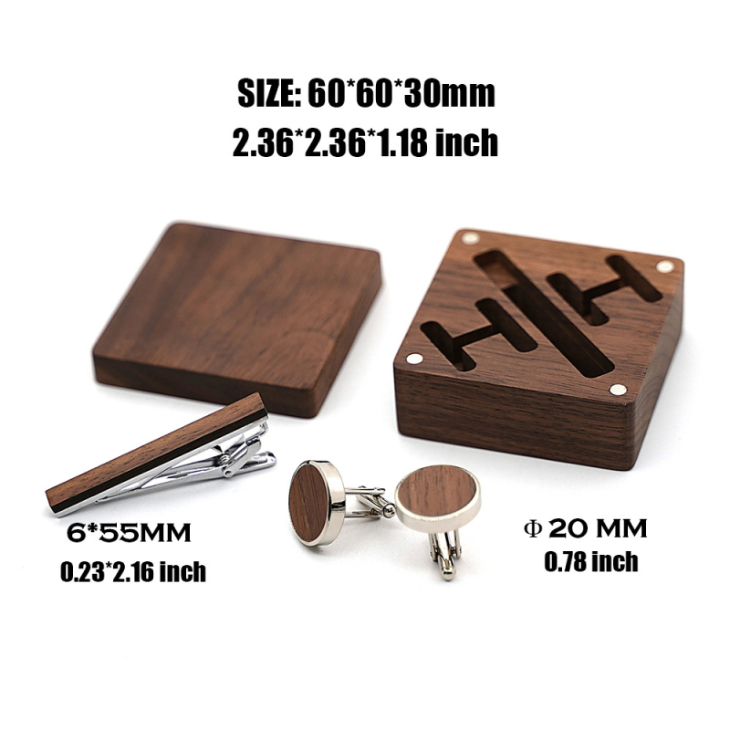 Medinių rankogalių segtukų ir kaklaraiščių klipo komplektas dėžutėje, natūralus stilius, unisex, geometrinis dizainas, elektroplatinavimas, kristalas