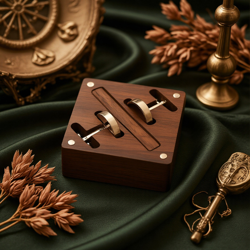 Medinių rankogalių segtukų ir kaklaraiščių klipo komplektas dėžutėje, natūralus stilius, unisex, geometrinis dizainas, elektroplatinavimas, kristalas