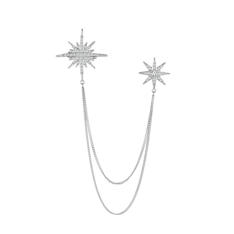 Broșă pentru rever din aliaj, cu lanț cu ciucuri, stil unisex, constelație de stele, placare electroplatinată