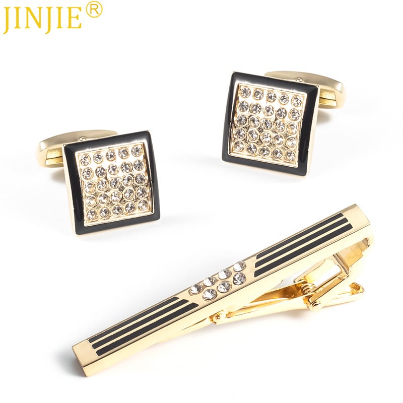 Комплект клип за вратовръзка и маншетни копчета, сплав, мъжки моден офис стил, дизайн звезда, диамантна обработка