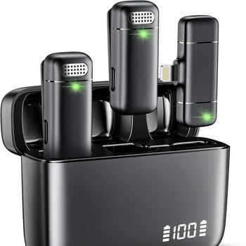 Bezdrôtový lavalier mikrofón na živé vysielanie — podporuje One-to-Two alebo One-to-One, Bluetooth 5.3, frekvenčný rozsah 20 Hz–20 kHz, výdrž batérie 3–6 h, kompatibilný s Androidom a iPhone.