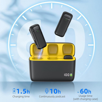 Bezdrôtový lavalier mikrofón na živé vysielanie — podporuje One-to-Two alebo One-to-One, Bluetooth 5.3, frekvenčný rozsah 20 Hz–20 kHz, výdrž batérie 3–6 h, kompatibilný s Androidom a iPhone.