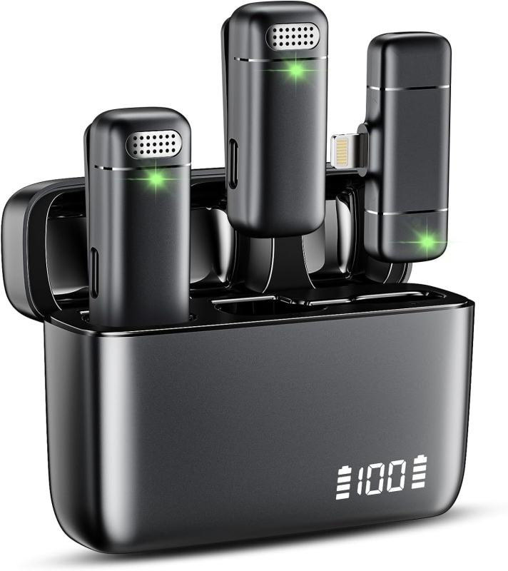 Bezdrôtový lavalier mikrofón na živé vysielanie — podporuje One-to-Two alebo One-to-One, Bluetooth 5.3, frekvenčný rozsah 20 Hz–20 kHz, výdrž batérie 3–6 h, kompatibilný s Androidom a iPhone.