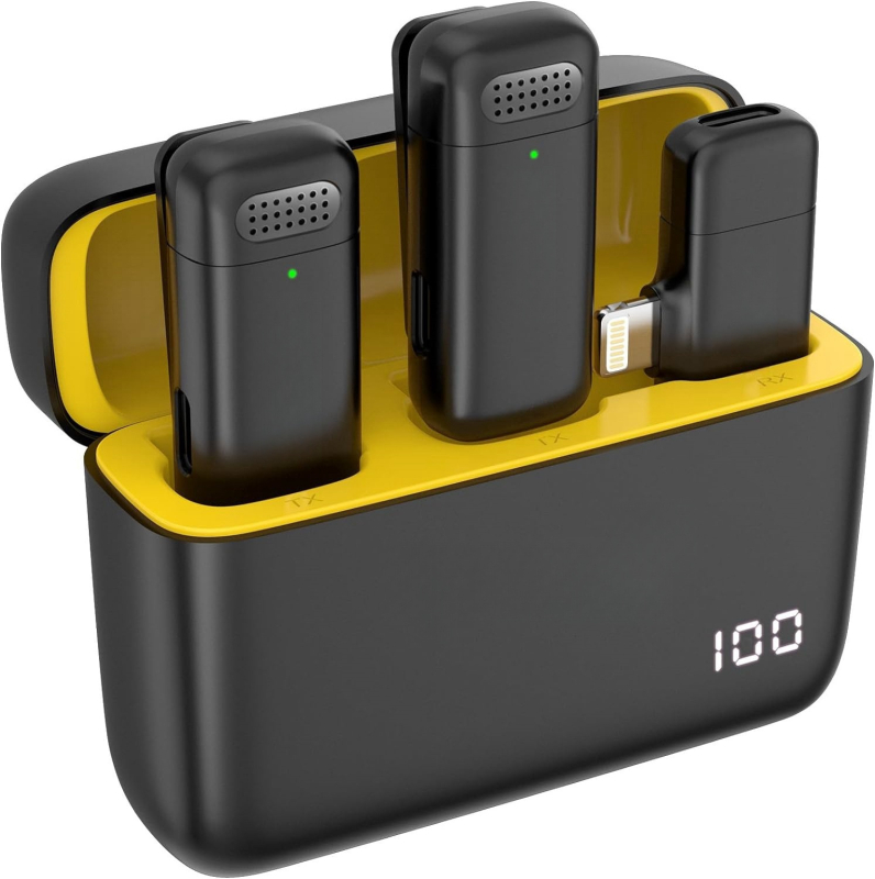Bezdrôtový lavalier mikrofón na živé vysielanie — podporuje One-to-Two alebo One-to-One, Bluetooth 5.3, frekvenčný rozsah 20 Hz–20 kHz, výdrž batérie 3–6 h, kompatibilný s Androidom a iPhone.