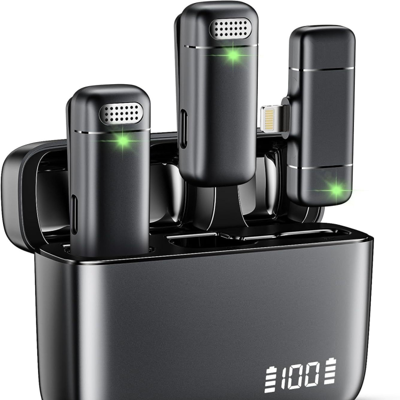 Bezdrôtový lavalier mikrofón na živé vysielanie — podporuje One-to-Two alebo One-to-One, Bluetooth 5.3, frekvenčný rozsah 20 Hz–20 kHz, výdrž batérie 3–6 h, kompatibilný s Androidom a iPhone.