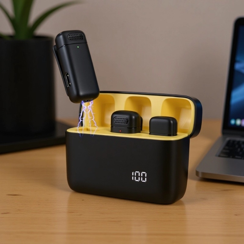 Bezdrôtový lavalier mikrofón na živé vysielanie — podporuje One-to-Two alebo One-to-One, Bluetooth 5.3, frekvenčný rozsah 20 Hz–20 kHz, výdrž batérie 3–6 h, kompatibilný s Androidom a iPhone.
