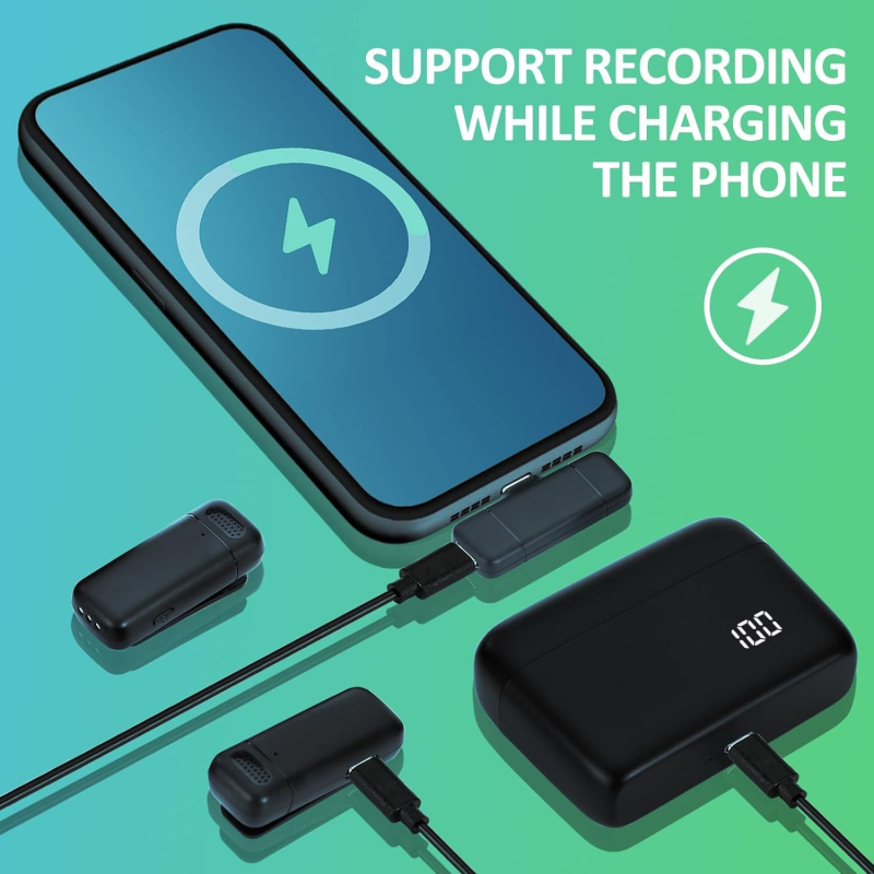 Bezdrôtový lavalier mikrofón na živé vysielanie — podporuje One-to-Two alebo One-to-One, Bluetooth 5.3, frekvenčný rozsah 20 Hz–20 kHz, výdrž batérie 3–6 h, kompatibilný s Androidom a iPhone.