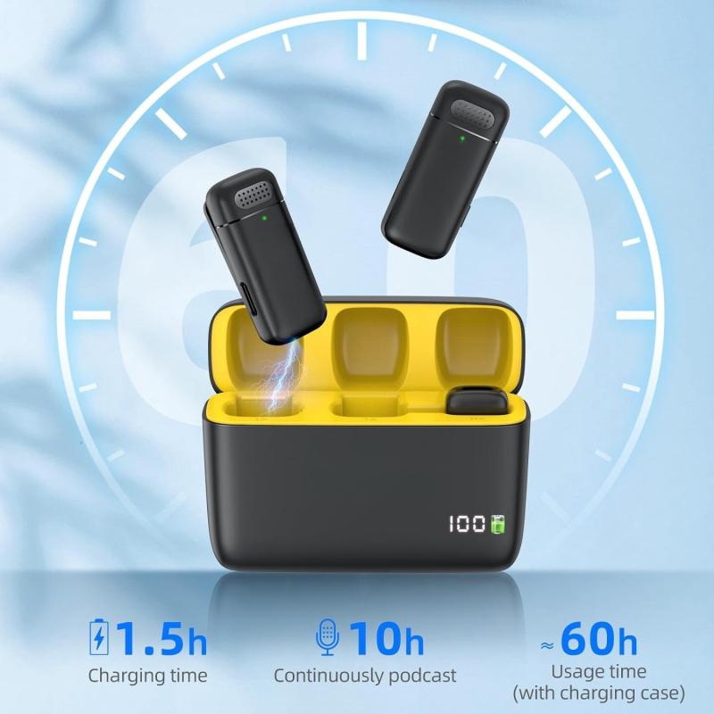Bezdrôtový lavalier mikrofón na živé vysielanie — podporuje One-to-Two alebo One-to-One, Bluetooth 5.3, frekvenčný rozsah 20 Hz–20 kHz, výdrž batérie 3–6 h, kompatibilný s Androidom a iPhone.