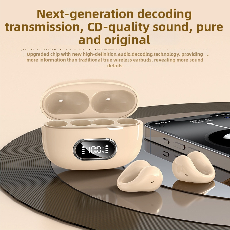 Kõrvaklipsiga juhtmevabad kõrvaklapid digitaalse kuvaga ja laadimiskarp – Bluetooth 5.3, 10 m vahemaa, stereo kahekanaliline, klipsi disain