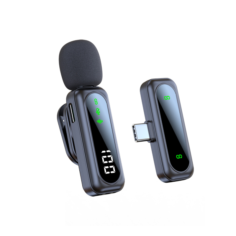 Microfon lavalier J21 cu afișaj digital și clips magnetic, reducere zgomot pentru înregistrări video (20 Hz–20 kHz, SNR ≥70 dB, baterie încorporată 6–8 ore)
