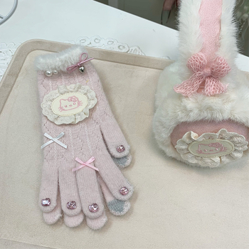 Kórejský štýl pletené rukavice s motívom mačky a náušnými chráničmi, vetruodolné na zimu