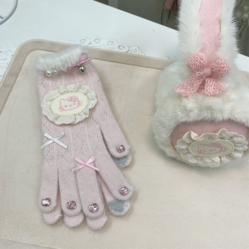 Kórejský štýl pletené rukavice s motívom mačky a náušnými chráničmi, vetruodolné na zimu