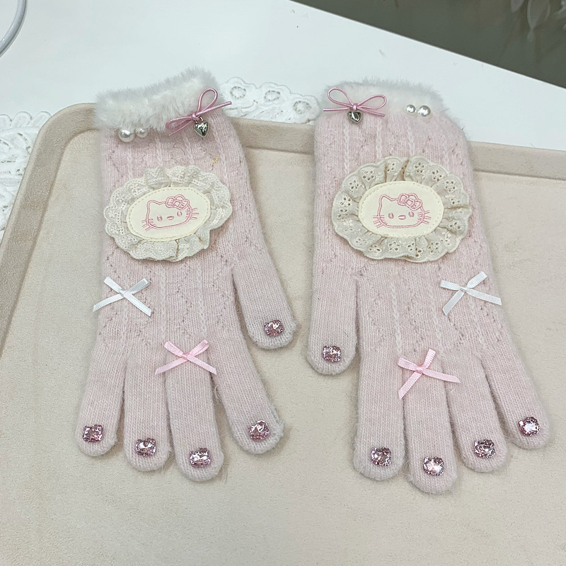Kórejský štýl pletené rukavice s motívom mačky a náušnými chráničmi, vetruodolné na zimu