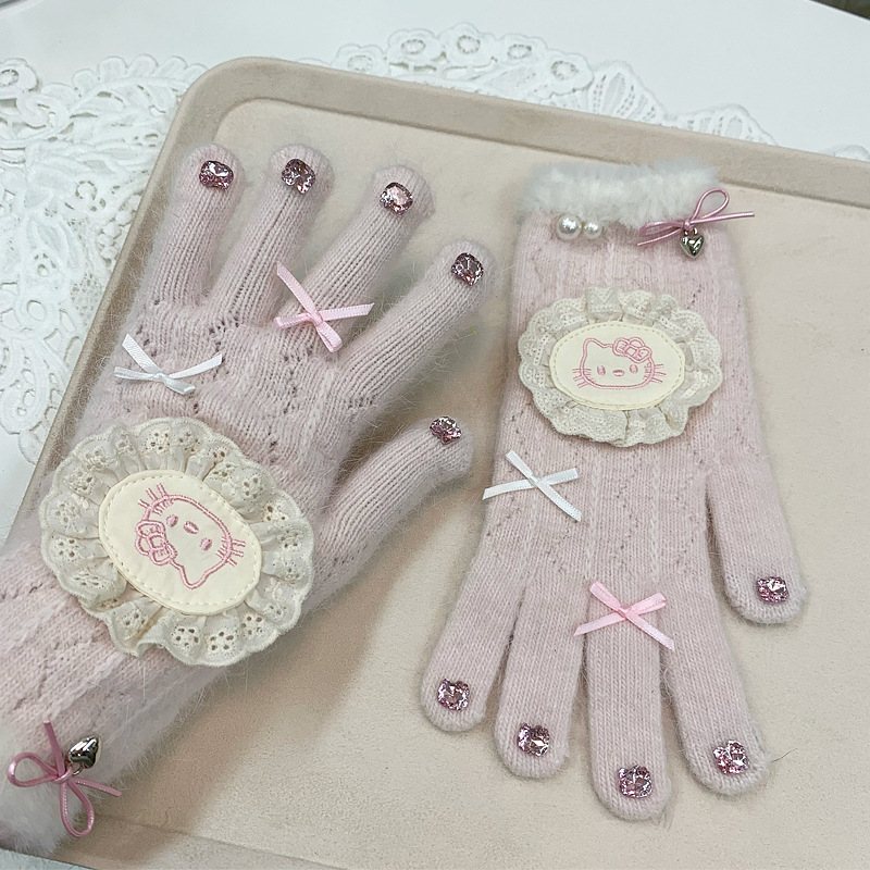 Kórejský štýl pletené rukavice s motívom mačky a náušnými chráničmi, vetruodolné na zimu